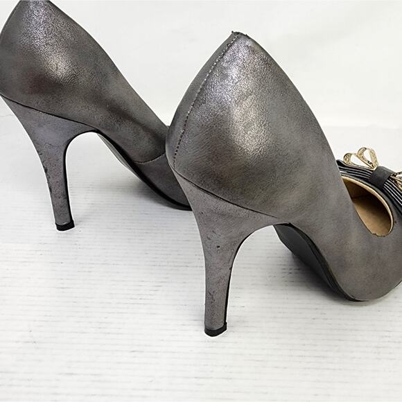 Marilyn Moda Grey Pumps Heels Gold Bow Work Party Cocktails Women's Gift Size 6 - Picture 5 of 10